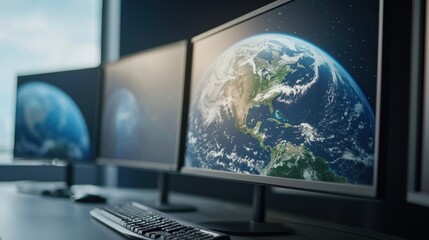 Fototapeta premium Climate Change Study Concept, Digital Projection of Earth's Climate Model on Multiple Computer Screens in Modern Workspace