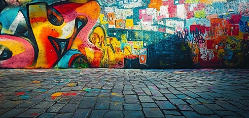 Dynamic Street Art Mural with Vivid Colors and Abstract Shapes on a City Wall