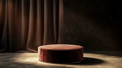 Elegant round velvet podium in a warm-toned setting with soft draped curtains. Perfect for luxury product displays, branding, and sophisticated interior presentations.