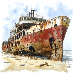 Rusty Shipwreck on a Sandy Beach A Watercolor Illustration of Maritime Decay.