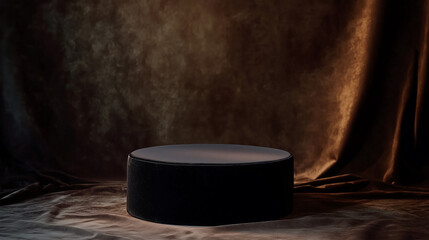 Dark round podium in a moody, luxurious setting with soft fabric backdrop. Perfect for elegant product displays, branding, and sophisticated presentations.