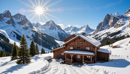 Traditional wooden ski chalet basking in sunlight, winter retreat