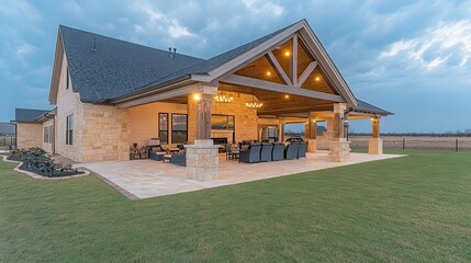 Fototapeta premium Suburban home's evening patio, firepit, landscaping