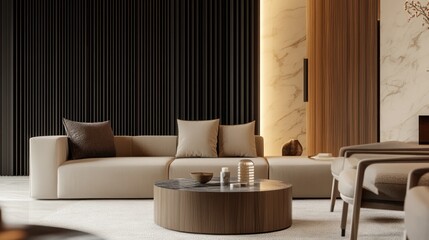 Modern living room, beige sofa, wooden coffee table, marble wall, interior design