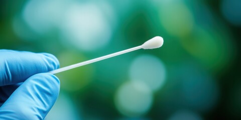 Fototapeta premium Doctor wearing blue medical gloves holding sterile cotton swab for dna collection