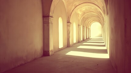 Naklejka premium Sunlit arched hallway, ancient building, hope