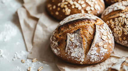 Freshly baked artisan oat bread with a golden crust, placed in a linen-lined basket. Rustic and homemade bakery concept, perfect for organic and healthy food themes.