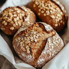 Freshly baked artisan oat bread with a golden crust, placed in a linen-lined basket. Rustic and homemade bakery concept, perfect for organic and healthy food themes.