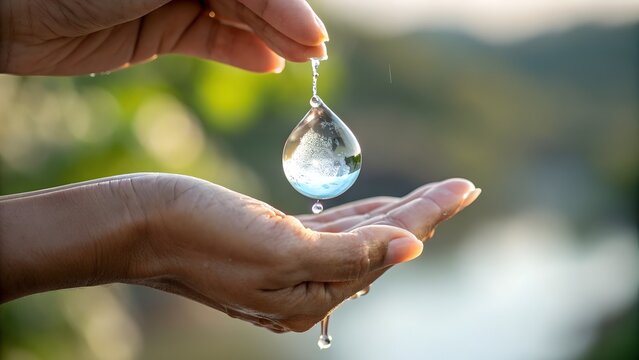 A crystal-clear water droplet hangs suspended above a hand, reflecting a miniature world within.