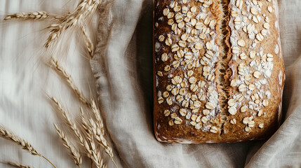 Freshly baked artisan oat bread with a golden crust, placed in a linen-lined basket. Rustic and homemade bakery concept, perfect for organic and healthy food themes.