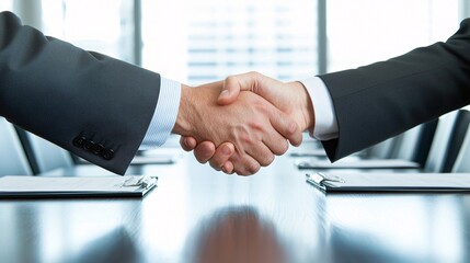 two business partners shaking hands in a formal meeting room, elegant interior design, leadership and growth concept, copy space, no trademark, no watermark, corporate professionalism