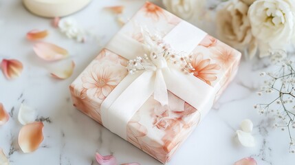 beautifully wrapped wedding gift with white silk ribbon and floral embellishments, placed on a table with fresh flower petals