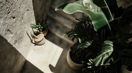 Sunlit Interior Staircase, Lush Plants, Stone Walls