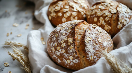 Freshly baked artisan oat bread with a golden crust, placed in a linen-lined basket. Rustic and homemade bakery concept, perfect for organic and healthy food themes.