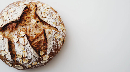 Freshly baked artisan oat bread with a golden crust, placed in a linen-lined basket. Rustic and homemade bakery concept, perfect for organic and healthy food themes.