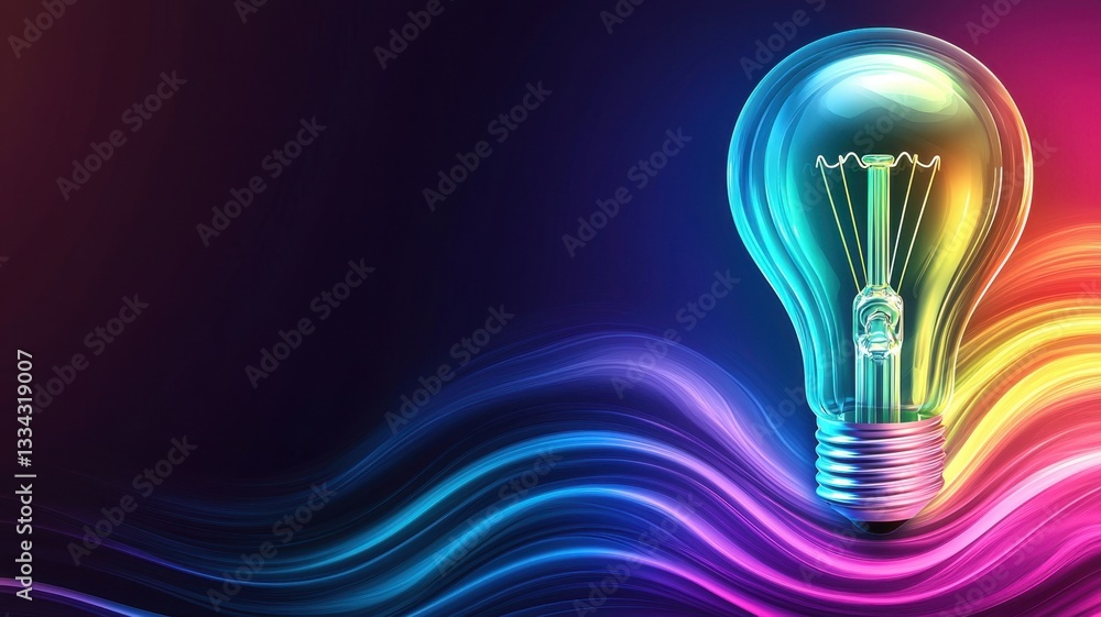 Poster light innovation, with filament emerging from colorful flowing waves, symbolizing creativity, bulb a