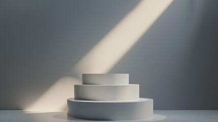 Minimalist white podium with tiered steps illuminated by a diagonal light beam. Elegant and modern display concept for product presentation, branding, or exhibitions.