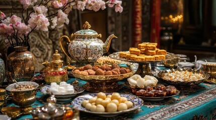 Fototapeta premium Festive Nowruz Table with Elegant Haft-Seen Display, Persian Sweets, Teapot, and Golden Cutlery