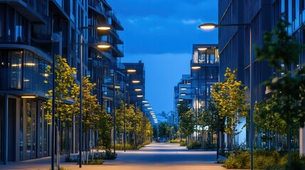 Fototapeta premium Modern city street at twilight, illuminated by streetlights.