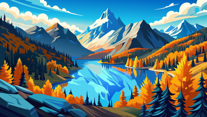 Picturesque view on Blue Lake. Autumn mountains landscape with Blue Lake and bright orange larches in the North Cascades National Park in Washington © ehsanollah