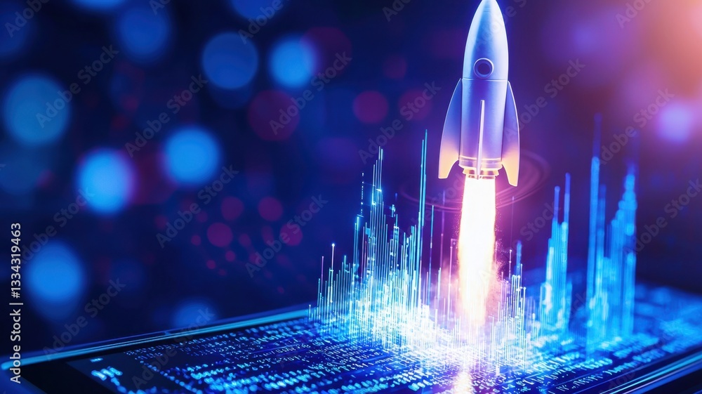 Poster startup business concept showing a rocket launching in smartphone with growth chart and binary code 