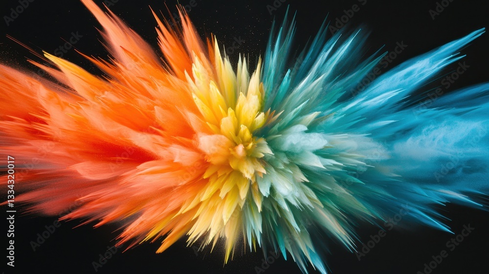 Poster orange, yellow and blue powder paint speed exploding on a black background, creating a vibrant and d