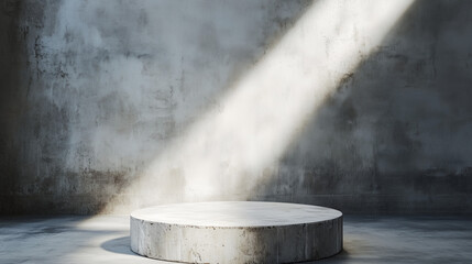 Minimalist concrete podium in a dimly lit room with a dramatic light beam. Modern industrial background for product display, branding, or presentation.