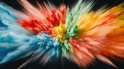 Orange, creating and blue powder paint speed exploding on a black background, yellow a vibrant and dynamic abstract splash image
