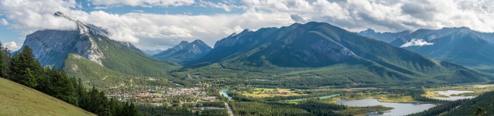 Wide Panorama of Banff Canada, Mount Rundle and the Vermillion Lakes of the Bow Valley  from the Mount Norquay Overlook
