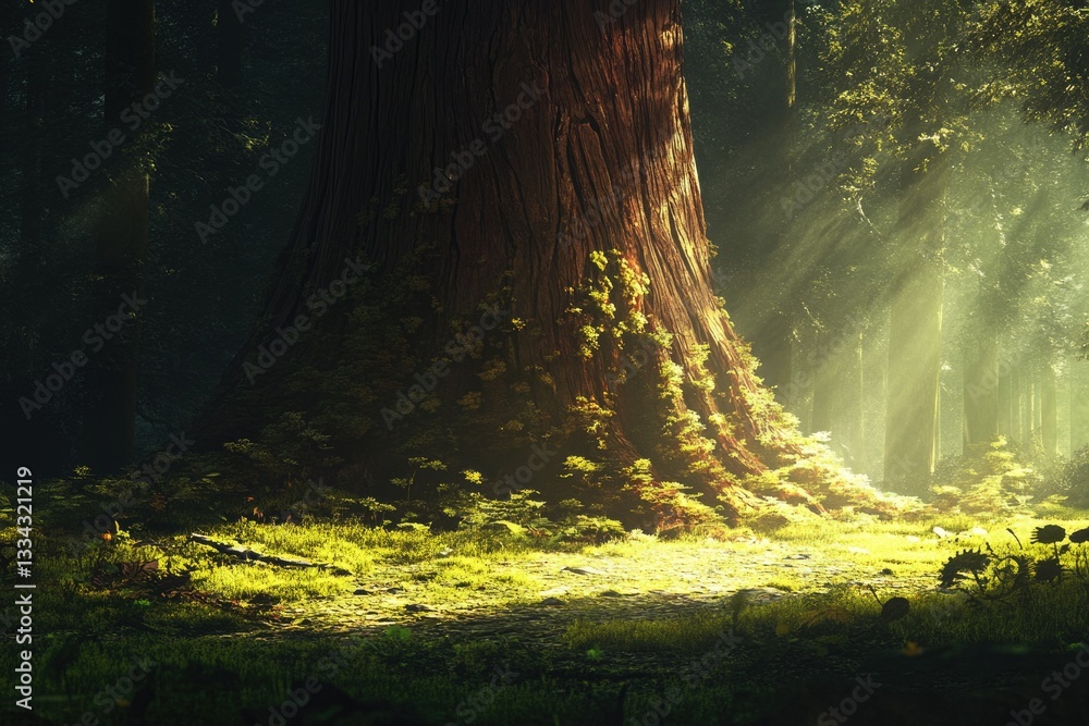 Poster sunlight streams through a mystical forest, illuminating the base of an ancient, moss-covered tree.