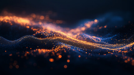 Abstract glowing wave of orange and blue particles on a dark background. A futuristic, digital energy flow with a dynamic and modern aesthetic. Perfect for technology, innovation, and cyber visuals.