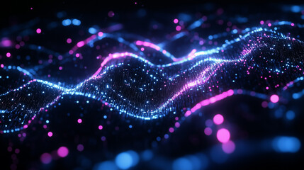 Abstract glowing wave of blue and pink particles on a dark background. Futuristic and dynamic energy flow with a digital aesthetic. Perfect for technology, innovation, and modern design concepts.
