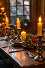 Romantic Christmas table setting with candles.