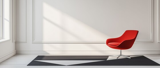 Modern living room with a red armchair on a black and white geometric rug. the floor is made of light-colored wood and the walls are painted white.