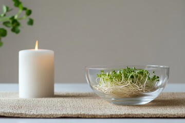 Minimalist Nowruz Table with Glass Bowl of Sabzeh, White Candle, and Modern Persian-Inspired Decor