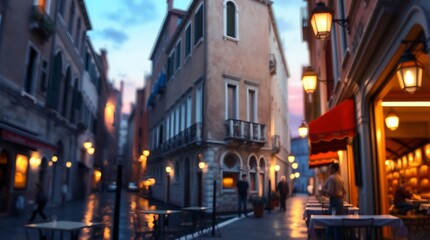Romantic, rain-soaked Venetian street at dusk.