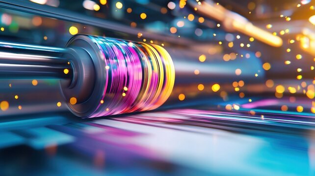 Industrial offset printing cmyk machine process transferring vibrant colors onto paper, creating dynamic motion blur effect