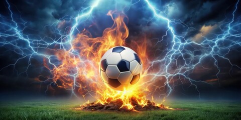 Fototapeta premium Soccer ball surrounded by intense flames with lightning bolts illuminating the dark night sky, creating a dynamic and electrifying atmosphere, flames, sports equipment