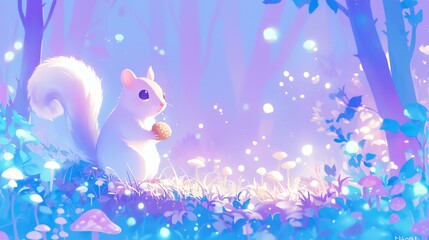 Obraz premium A whimsical squirrel surrounded by vibrant flora in a magical forest landscape.