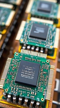 Close up of circuit boards with integrated computer components