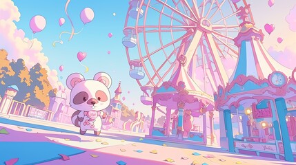 Fototapeta premium A cheerful panda character enjoys a colorful carnival with a ferris wheel and balloons.
