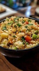 A bowl of colorful vegetable fried rice garnished with herbs.