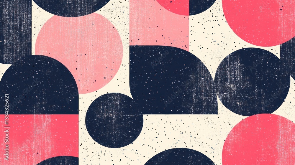 Poster abstract geometric pattern with pink and navy circles and shapes on textured background.