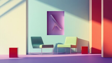 Modern chairs, minimalist room, sunlight, pastel colors, interior design