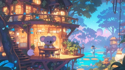 A whimsical treehouse scene with a friendly koala, magical ambiance, and vibrant nature.
