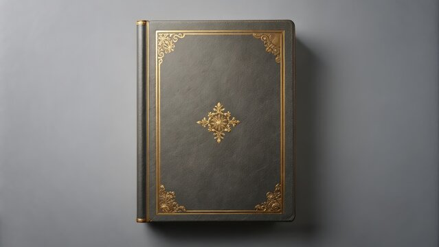 Book cover mockup with dust jacket on soft gray background featuring leather-bound hardcover
