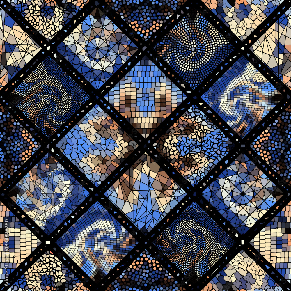 Poster bright abstract mosaic seamless pattern. vector background. endless texture. ceramic tile fragments.