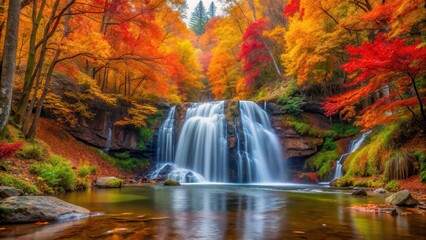 Obraz premium Autumnal waterfall surrounded by vibrant fall colors in lush forest, scenic, landscape, scenic, landscape