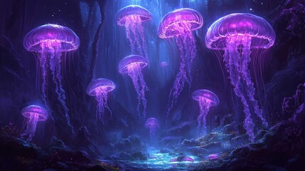 Ethereal purple jellyfish drift in a deep blue ocean, bathed in soft light. A captivating, mysterious underwater scene