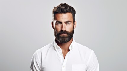 Obraz premium A captivating studio portrait of a bearded man with a strong gaze, wearing a crisp white shirt, set against a clean, neutral gray background